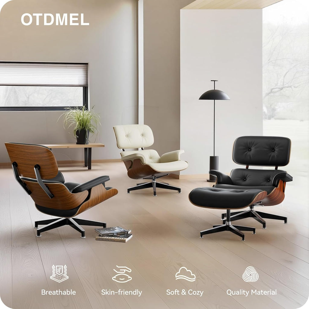 Inspired Eames Style Lounge Chair and Ottoman — Black Top-Grain Leather, Walnut Base, Upgraded Tall (37″D)