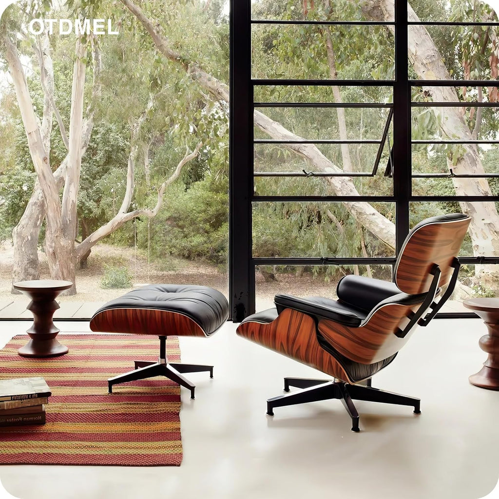 Inspired Eames Style Lounge Chair and Ottoman — Black Top-Grain Leather, Palisander Base, Upgraded Tall (37″D)