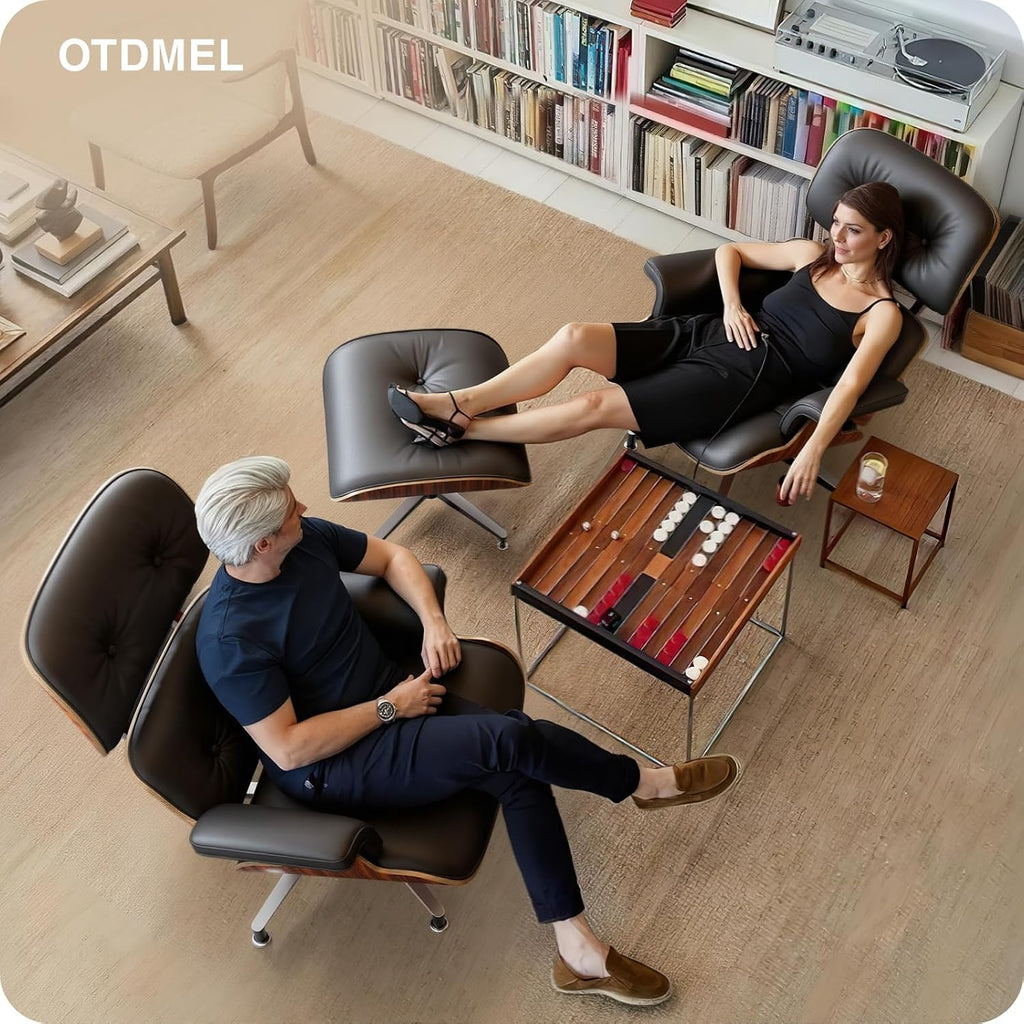 Inspired Eames Style Lounge Chair and Ottoman — Black Top-Grain Leather, Palisander Base, Upgraded Tall (37″D)