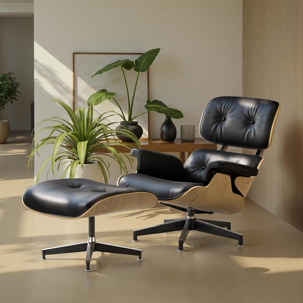 Inspired Eames style lounge chair and ottoman, black top-grain leather with ash wood base