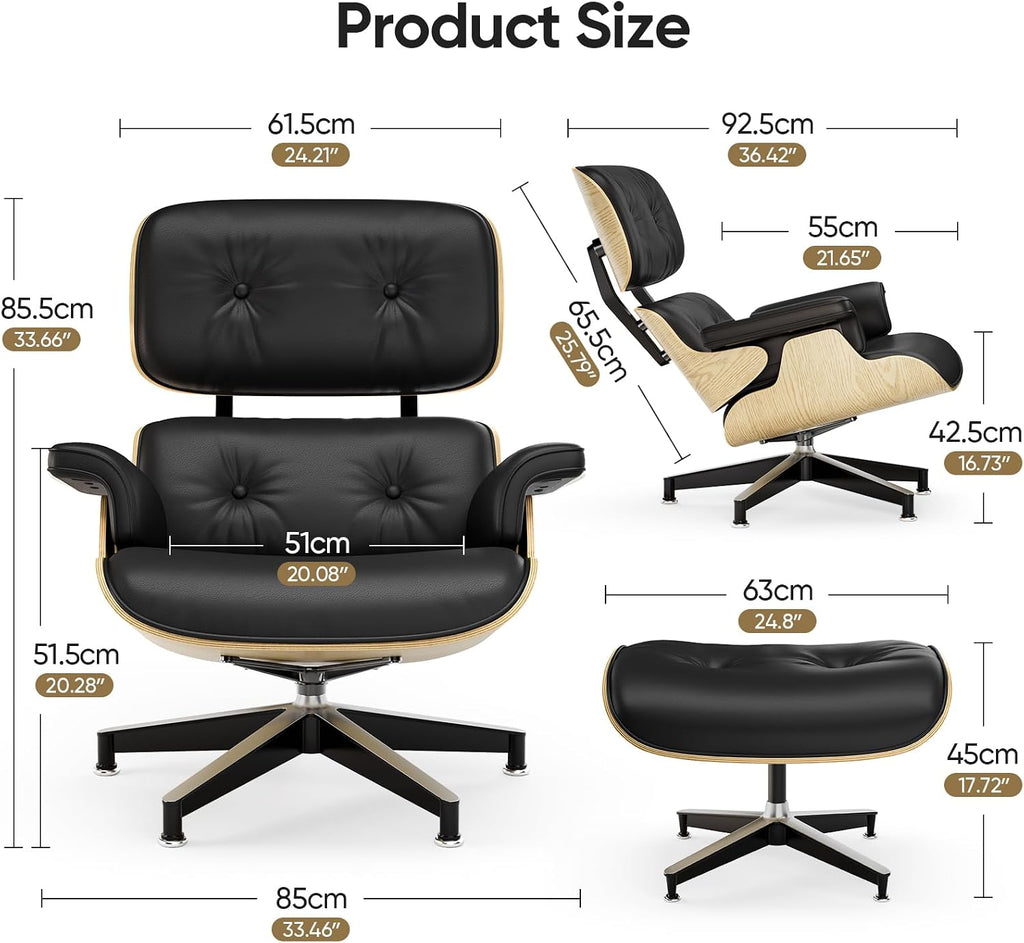 Inspired Eames style lounge chair and ottoman, black top-grain leather with ash wood base