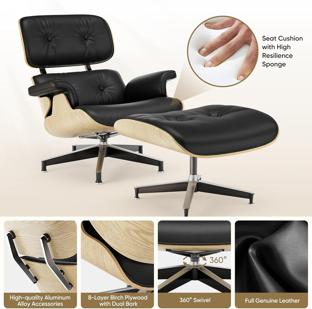 Inspired Eames style lounge chair and ottoman, black top-grain leather with ash wood base