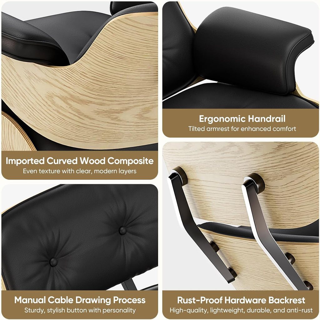 Inspired Eames style lounge chair and ottoman, black top-grain leather with ash wood base
