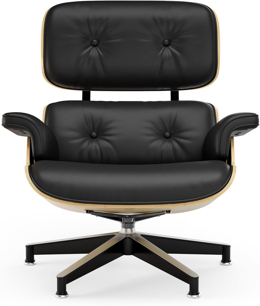 Inspired Eames style lounge chair and ottoman, black top-grain leather with ash wood base