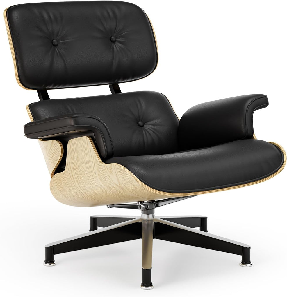 Inspired Eames style lounge chair and ottoman, black top-grain leather with ash wood base