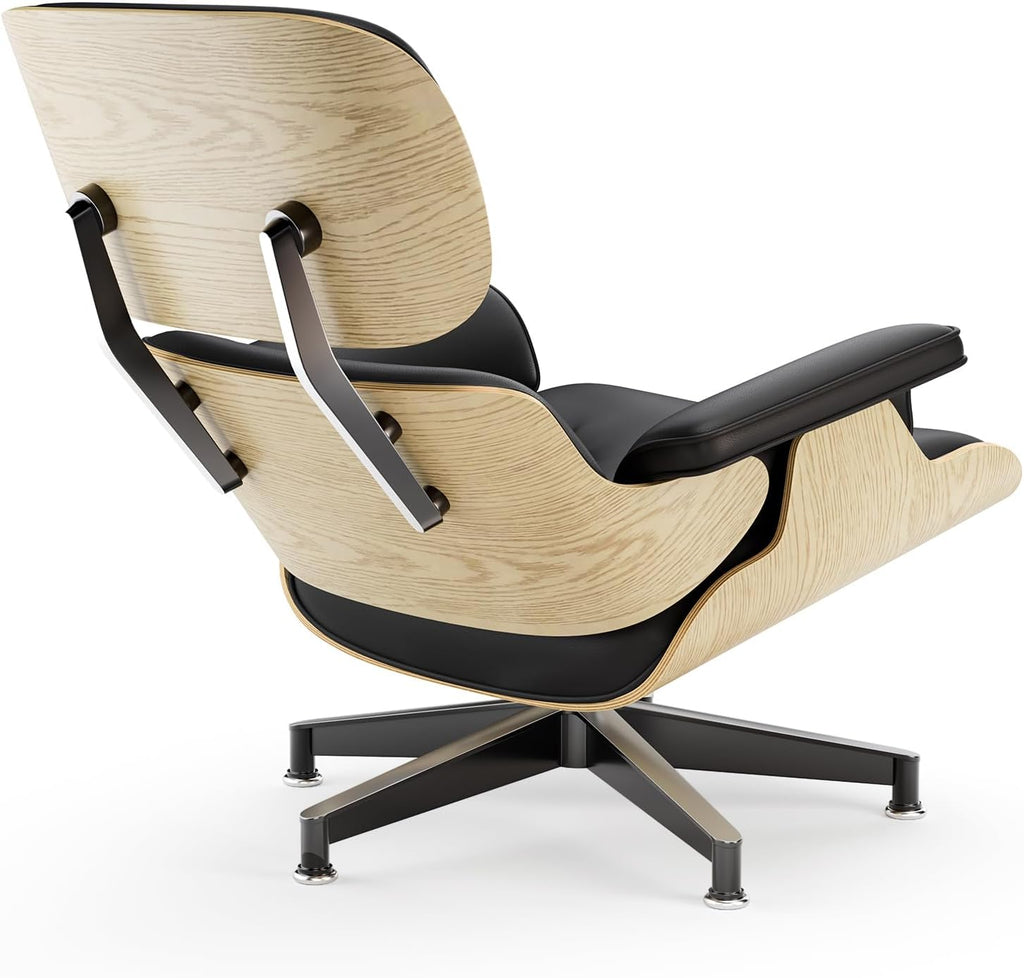 Inspired Eames style lounge chair and ottoman, black top-grain leather with ash wood base