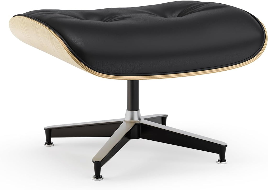 Inspired Eames style lounge chair and ottoman, black top-grain leather with ash wood base