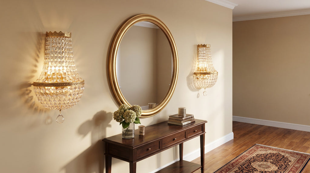 Empire crystal wall sconces beside a gold oval mirror in an entryway
