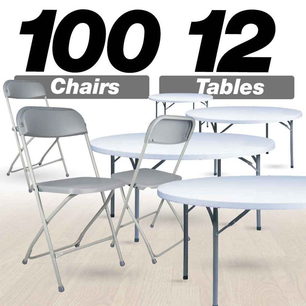 100 Pack Plastic Folding Chair and 12 60" (5 Foot) Round Plastic Folding Table