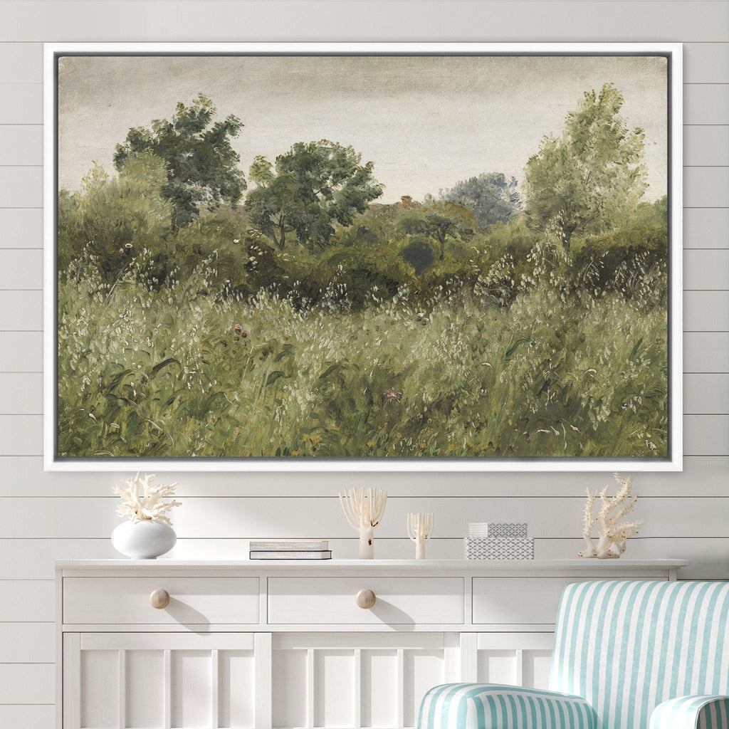 Framed Vintage Landscape Canvas Wall Art, Green Trees and Meadow Oil Painting Print, Floating Frame
