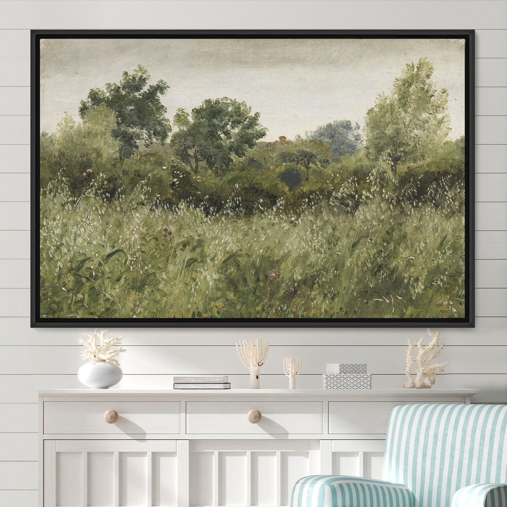 Framed Vintage Landscape Canvas Wall Art, Green Trees and Meadow Oil Painting Print, Floating Frame