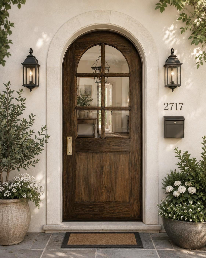 34x80-Inch Rustic Arched Entry Door — French Country Handcrafted Solid Wood with Glass Panel