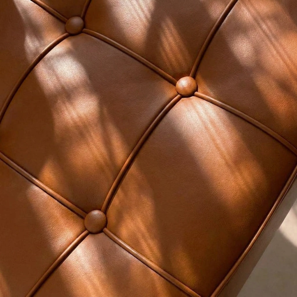 Inspired Barcelona Style Leather Lounge Chair and Ottoman — Brown Oiled Leather, Compact Seat (23.5″L)