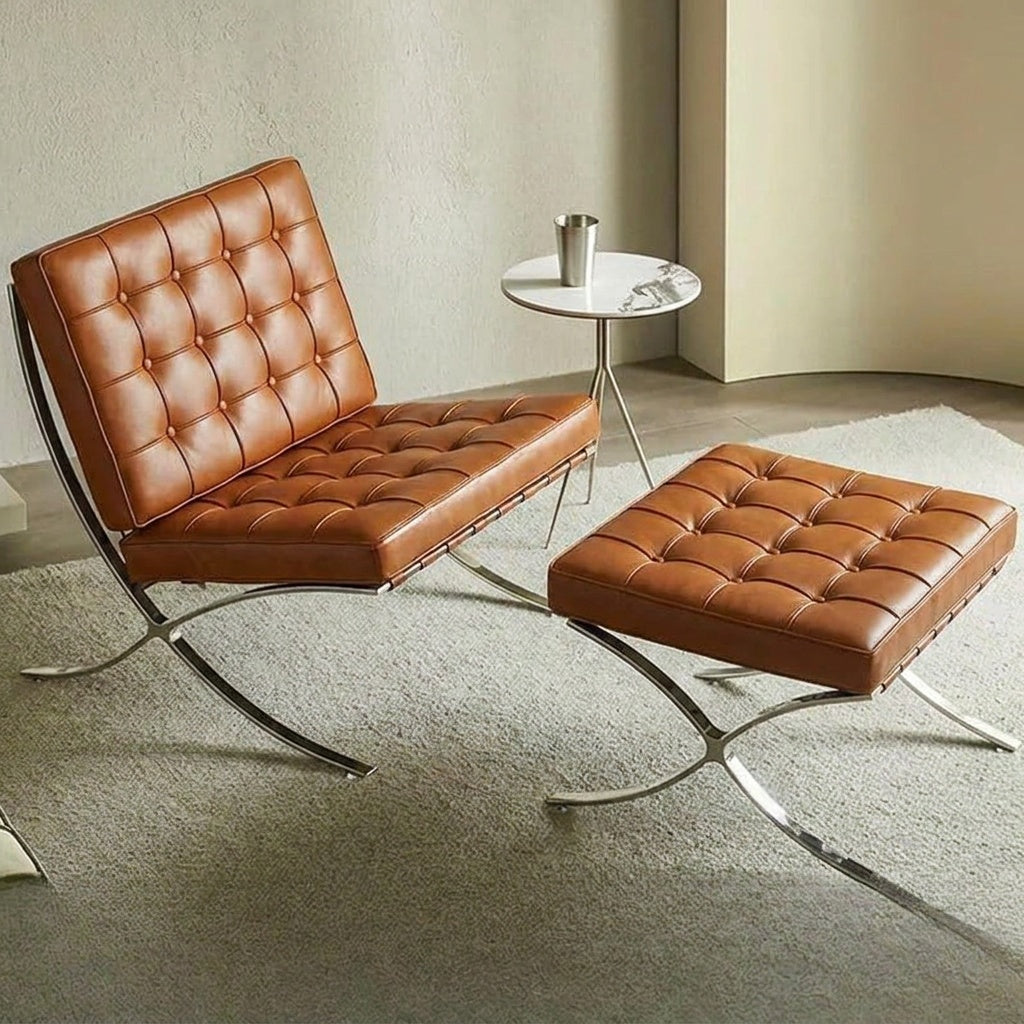Inspired Barcelona Style Leather Lounge Chair and Ottoman — Brown Oiled Leather, Extended Seat (31.5″L)