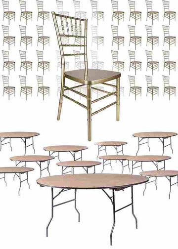 100 Person Luxury Event Package: 100 Sparkling Gold Champagne Resin Steel Core Ballroom Chairs Plus 10 Round 72" Heavy D
