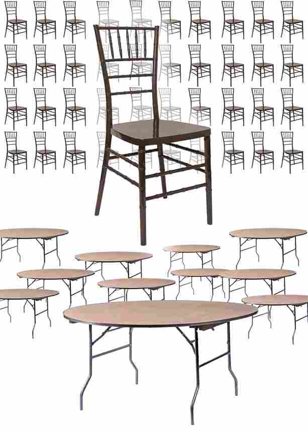100 Person Luxury Event Package: Includes 100 Resin Steel Skeleton Ballroom Chairs Plus 10 Round 72" Heavy Duty Banquet Folding Tables Plus a Banquet Table Cart