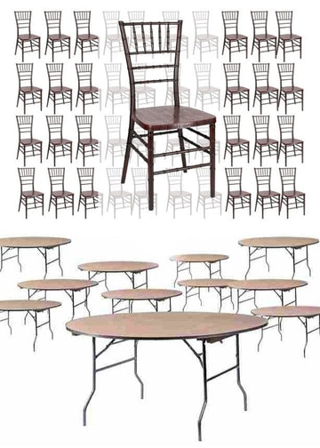 The Luxury Combo - 100 Mahogany Wood-Grain Resin Steel-Core Ballroom Chairs, 10 x 72" Round Plywood Tables, 1 Extra L