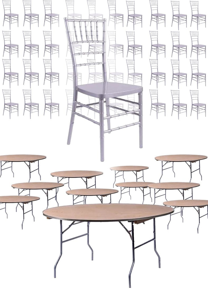 100 Person Luxury Event Package: Includes 100 Resin Steel Skeleton Ballroom Chairs Plus 10 Round 72" Heavy Duty Banquet Folding Tables Plus a Banquet Table Cart
