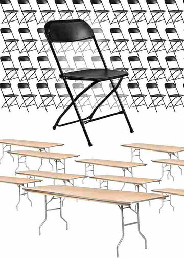 100 Black Poly Folding Chairs + Ten 8' (96" x 30") Rectangular Plywood Banquet Tables