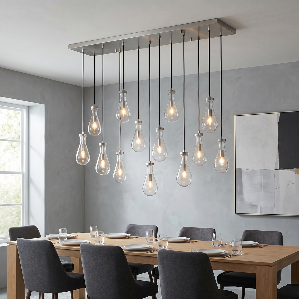 Inspired Rain Drop Style Linear Glass Chandelier - 54 Inch - Nickel Finish