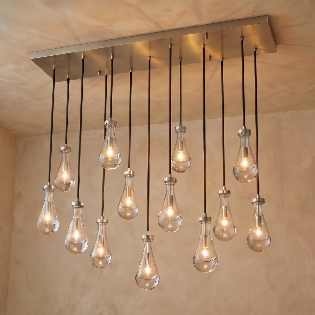 Inspired Rain Drop Style Linear Glass Chandelier - 54 Inch - Nickel Finish