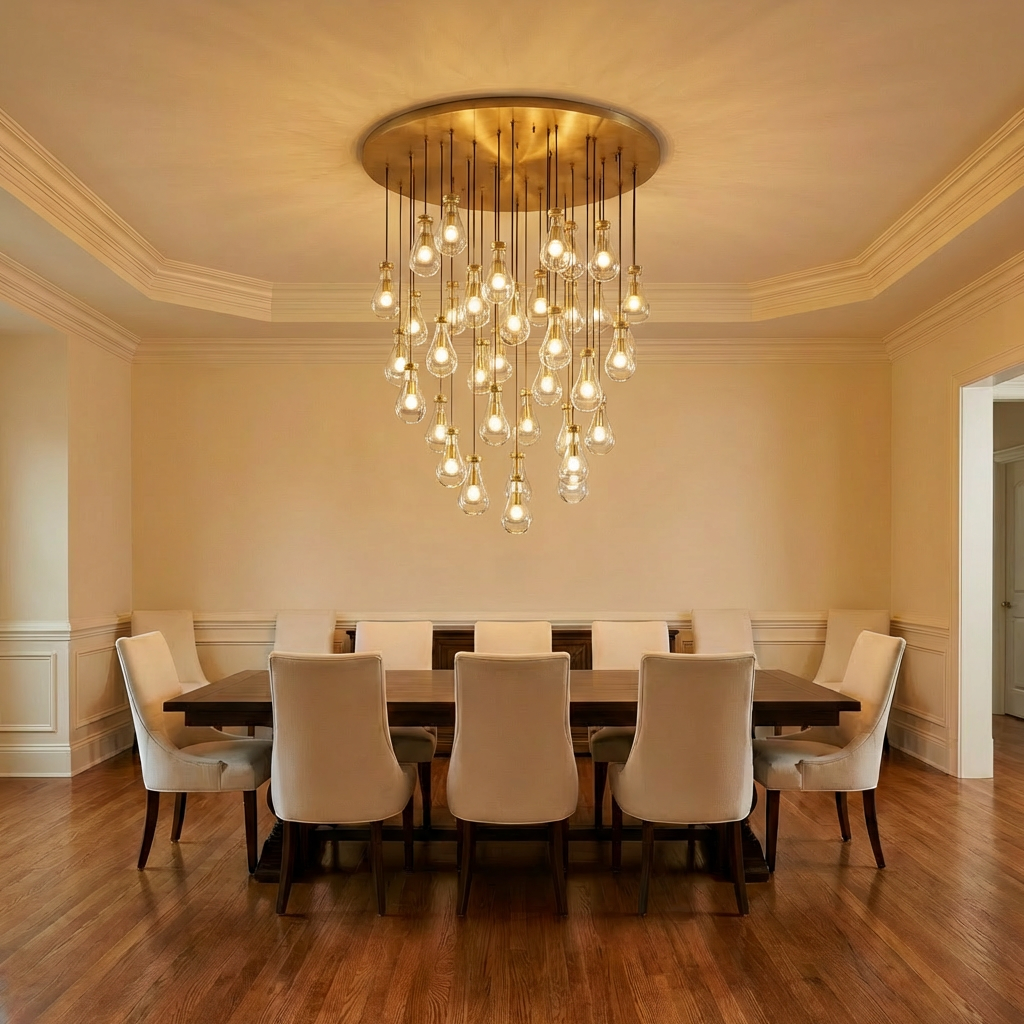 Inspired Rain Drop Style Sculptural Glass Chandelier – 60.5 Inch – Gold Finish
