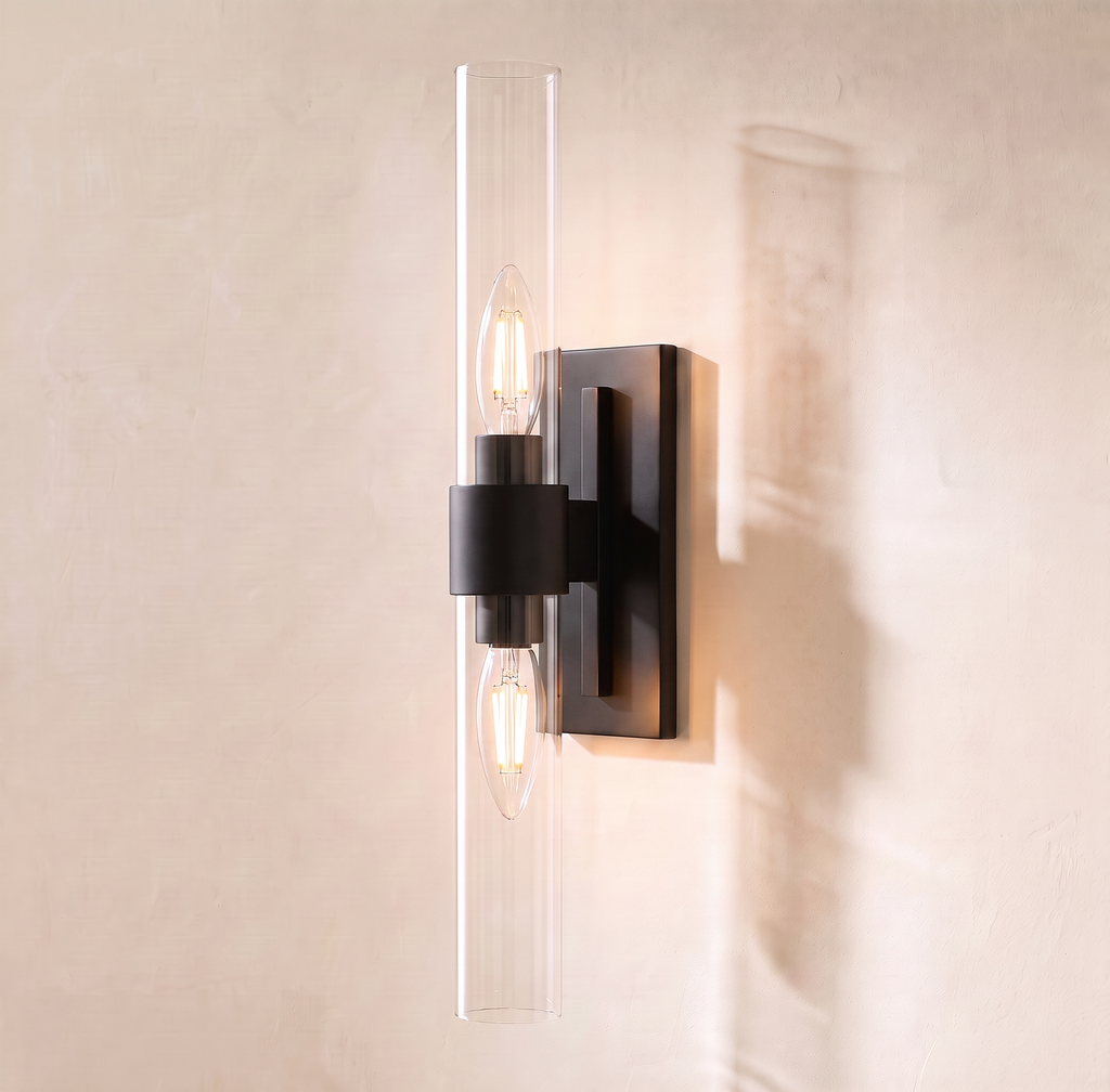 Inspired Ravelle Style Linear Wall Sconce 23", black finish, clear glass cylinder