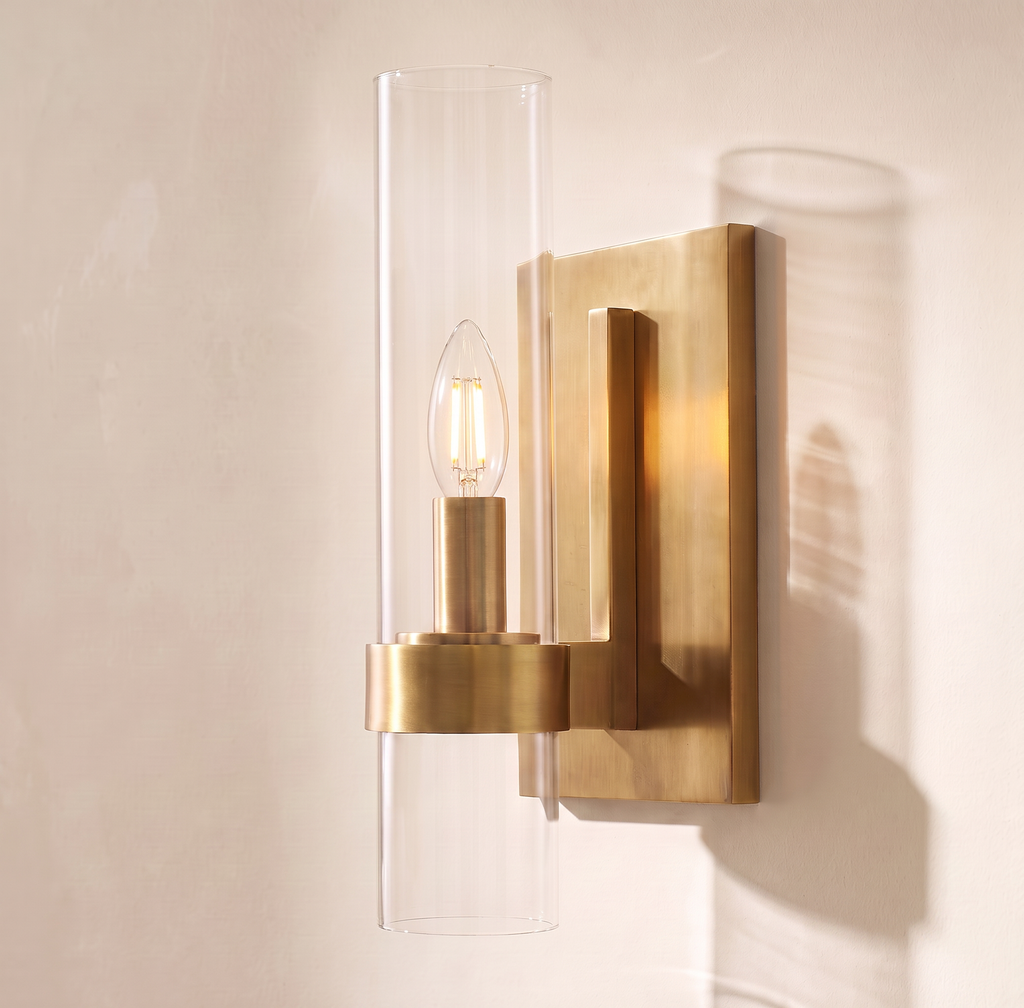 Inspired Ravelle Style 12" Wall Sconce, gold finish, clear glass cylinder