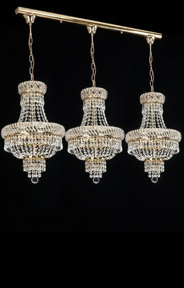 Set of 3 French Empire Crystal Chandeliers - Gold Finish - H22" X W15" 3 Lights Each - Dining Room, Foyer, Entry Way, Living Room