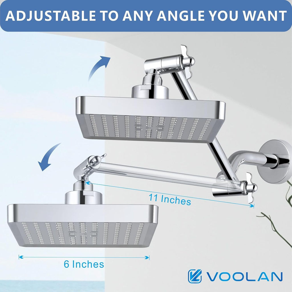 6-Inch Square Rain Shower Head with 11-Inch Adjustable Extension Arm - High Pressure Rainfall Showerhead, Chrome