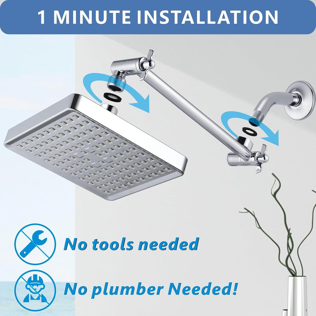 6-Inch Square Rain Shower Head with 11-Inch Adjustable Extension Arm - High Pressure Rainfall Showerhead, Chrome