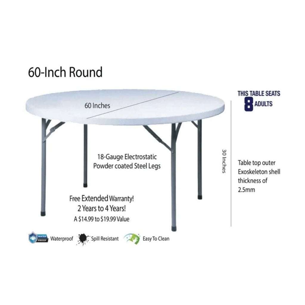 60" (5 Foot) Round Heavy Duty Plastic Folding Table with Steel-Core