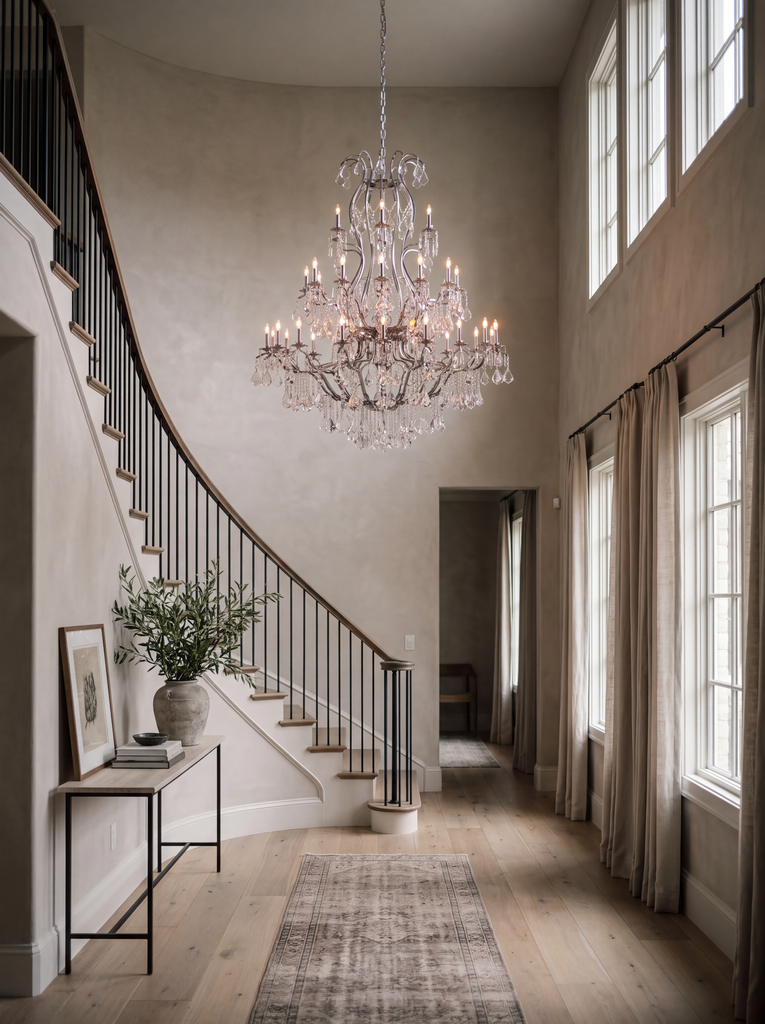 Large foyer silver wrought iron chandelier with crystal, H60 x W52