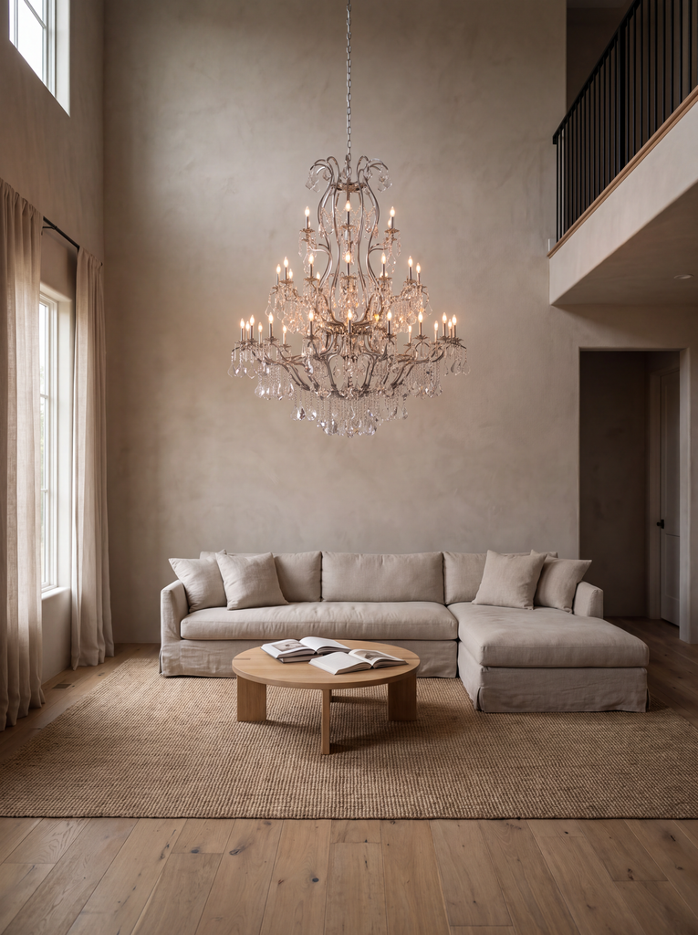 Large foyer silver wrought iron chandelier with crystal, H60 x W52