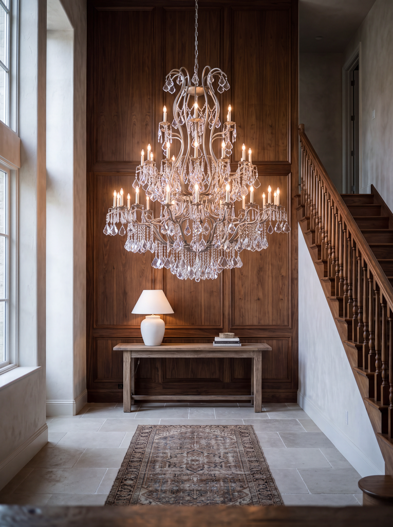 Large foyer antique silver wrought iron chandelier with crystal, H60 x W52