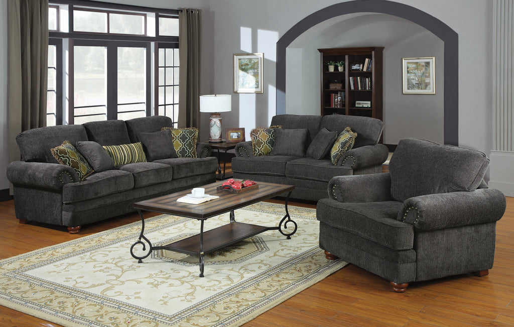 Set of 2 - Colton Rolled Arm Upholstered Sofa + Loveseat Smokey Grey - D300-10027