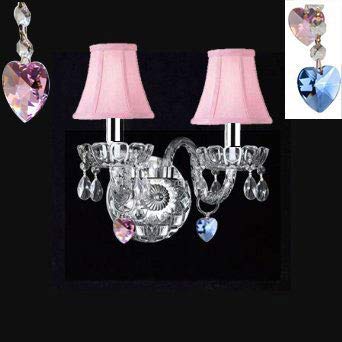 Murano Venetian Style Crystal Wall Sconce Lighting Blue and Pink Hearts with Pink Shades! - Perfect for Boys and Girls Bedroom W/Chrome Sleeves! - A46-B43/B85/B21/PINKSHADES/2/386