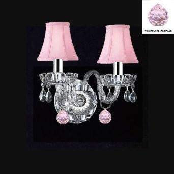 MURANO VENETIAN STYLE CRYSTAL WALL SCONCE LIGHTING WITH PINK BALLS & PINK SHADES! - PERFECT FOR KID'S AND GIRLS BEDROOM W/CHROME SLEEVES! - A46-B43/B76/PINKSHADES/2/386