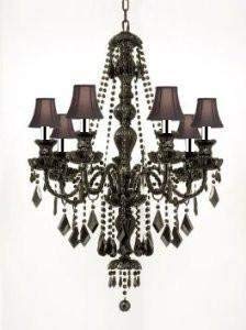 Jet Black Gothic Crystal Chandelier Lighting with Black Shades! W/Chrome Sleeves H37" X W26" - J10-B43/BLACKSHADES/SM/BLACK/26073/7