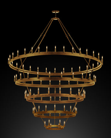 Inspired Camino Style Chandelier - Five Tier Wagon Wheel, Wrought Iron Rustic Industrial Lighting W63" x H87"