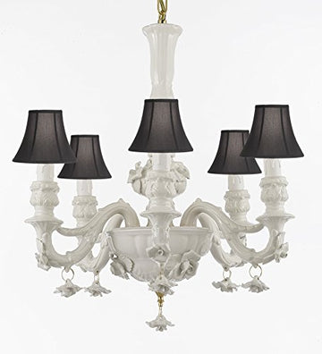 Authentic Capodimonte White Porcelain Chandelier Lighting Chandeliers Cottage Chic Made in Italy, Good for Dining Room, Kids & Girls Bedrooms w/ Roses & Flowers With Black Shades Speciality item, Limited Stock Available - GB102-SC/BLACKSHADE/WHITE/435/6