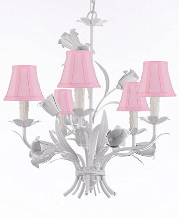 White Wrought Iron Floral Chandelier Crystal Flower Chandeliers Lighting H19" X W23" With Pink Shades - J10-Sc/Pinkshade/White/325/5