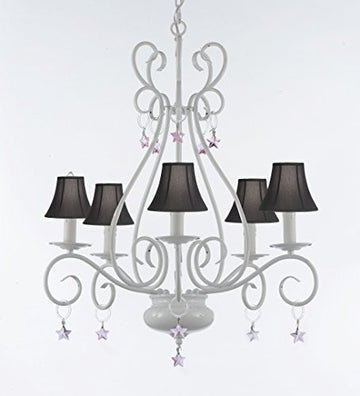 Wrought Iron Chandelier With Pink Stars With Black Shades - P7-Sc/White/B38/441/5/Blackshade