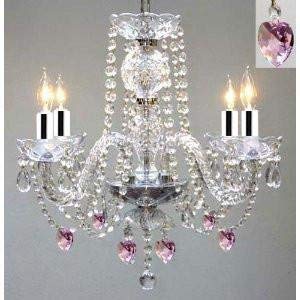 Chandelier Lighting W/Crystal Pink Hearts! H 17" W17" Swag Plug in-Chandelier W/ 14' Feet of Hanging Chain and Wire W/Chrome Sleeves! - Perfect for Kid's and Girls BEDROOMS! - J10-B43/B15/B21/26098/4