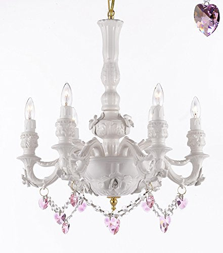 Authentic Capodimonte White Porcelain Chandelier Lighting Chandeliers Made in Italy, Good for Dining Room, Kids & Girls Bedrooms w/ Roses & Flowers Speciality item, Limited Stock Available W/ Pink Hearts Crystals - GB102-B52/B21/WHITE/435/6