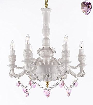 Authentic Capodimonte White Porcelain Chandelier Lighting Chandeliers Made in Italy, Good for Dining Room, Kids & Girls Bedrooms w/ Roses & Flowers Speciality item, Limited Stock Available W/ Pink Hearts Crystals - GB102-B52/B21/WHITE/435/6