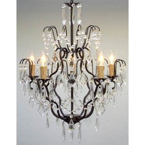Swarovski Crystal Trimmed Chandelier Wrought Iron Crystal Chandelier Lighting H27" X W21" Swag Plug In-Chandelier W/ 14' Feet Of Hanging Chain And Wire - J10-B16/C/26034/5 SW