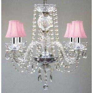 Swarovski Crystal Trimmed Chandelier! All Crystal Chandelier Chandeliers With Pink Shades H17" X W17" Swag Plug In-Chandelier W/14' Feet Of Hanging Chain And Wire w/Chrome Sleeves - J10-B43/B15/PINKSHADES/26098/4 SW