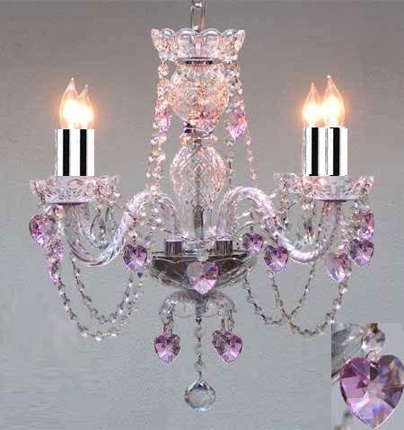 CRYSTAL CHANDELIER LIGHTING WITH PINK CRYSTAL HEARTS W/CHROME SLEEVES! H17" X W17" - J10-B43/B23/26098/4