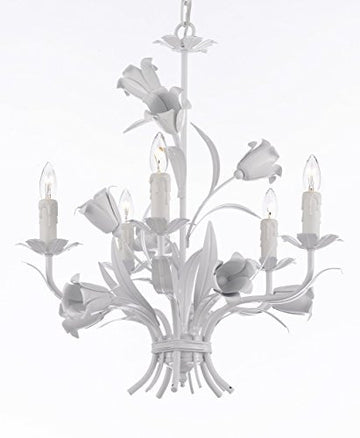 White Wrought Iron Floral Chandelier Crystal Flower Chandeliers Lighting H19" X W23" - J10-White/325/5